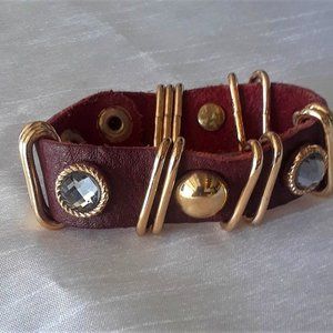 Bracelet.  Burgundy leather-metal-rhinestone.